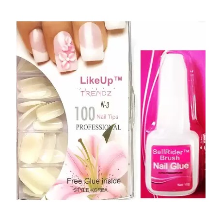 SellRider MILKY Color Shinning Professional Empress Curve  Fake Nails with 10g Brush Glue (Pack of 100)