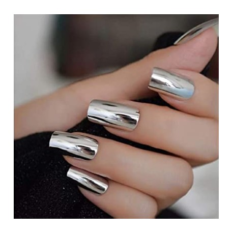 VIKSON INTERNATIONAL Silver Mirror Shine flat tip Fake Nails Tips with nail glue - 24pcs