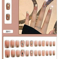 VIKSON INTERNATIONAL NUDE BROWN GOLDEN Artificial ful cover Nail Extension  with nail glue (NUDE SILVER) - 24pcs