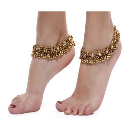 Charms Golden Ethnic Antique Kundan Studded Alloy Anklet  - Pack of 2
