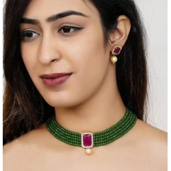 Alloy Brass Jewel Necklace Set  (Green, Pink)