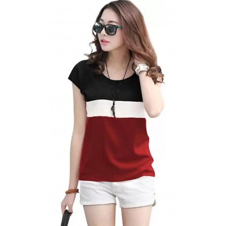 Round Neck White, Black & Red Tee Shirt - Women