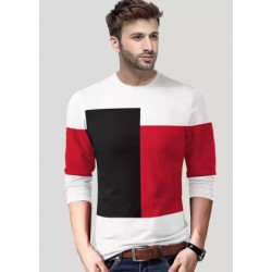 Color Block Round Neck  - White, Red, Black T-Shirt - Men