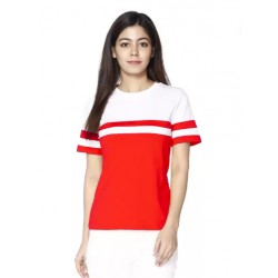 Color Block Round Neck Red, White T-Shirt- WOMEN
