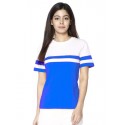 Color Block Round Neck White, Blue T-Shirt - Women