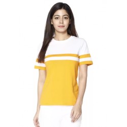 Color Block Round Neck yellow, White T-Shirt- WOMEN