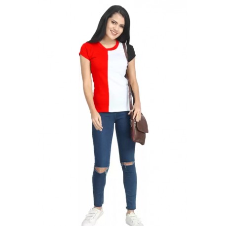 Color Block Round Neck Red, White T-Shirt- WOMEN