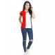 Color Block Round Neck Red, White T-Shirt- WOMEN
