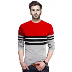 Striped Round Neck Red, Grey T-Shirt - Men
