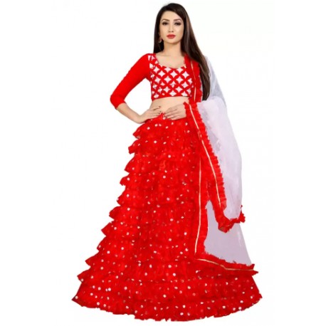Women Embroidered  Lehenga Choli - Red, White