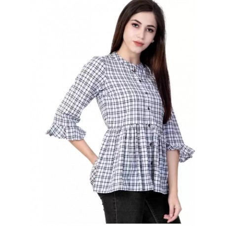 Regular Sleeves Checkered White, Black, Grey Top - Women