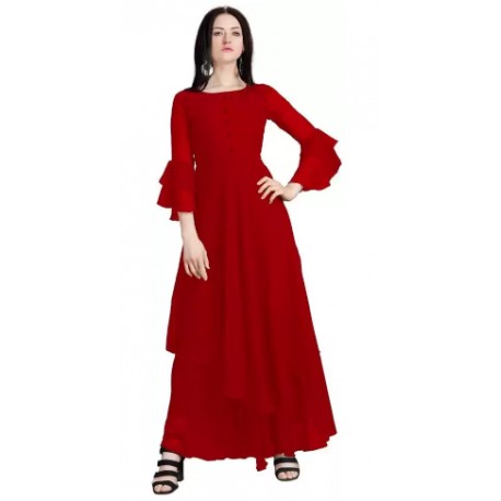 Solid Pure Georgette Stitched Flared/A-line Gown -RED