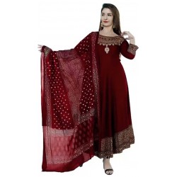 Printed Rayon Blend Gown - Maroon