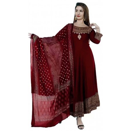Printed Rayon Blend Gown - Maroon