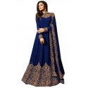 Embroidered Cotton Silk Gown - (Dark Blue)