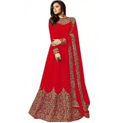 Embroidered Cotton Silk Gown (Red)