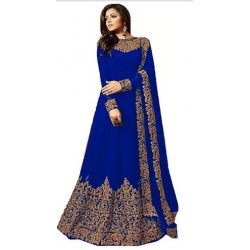 Embroidered Cotton Silk Gown - (Blue)