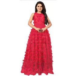 Satin Blend, Net Semi Stitched Flared/A-line Gown  (Red)