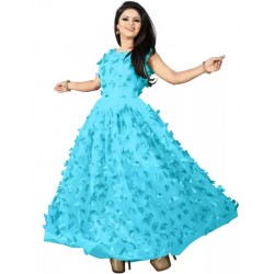 Satin Blend, Net Semi Stitched Flared/A-line Gown (Light Blue)