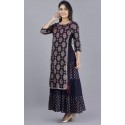 Printed Rayon Blend Stitched Flared/A-line Gown  (Dark Blue)