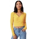 Ribbed Polo Collar Extended Sleeves Tops - YELLOW