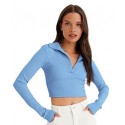 Ribbed Polo Collar Extended Sleeves Tops - SKY BLUE