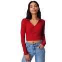 Ribbed Polo Collar Extended Sleeves Tops - RED