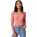 Ribbed Polo Collar Extended Sleeves Tops - PINK