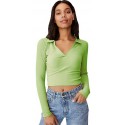 Ribbed Polo Collar Extended Sleeves Tops - GREEN