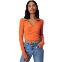 Ribbed Polo Collar Extended Sleeves Tops - ORANGE