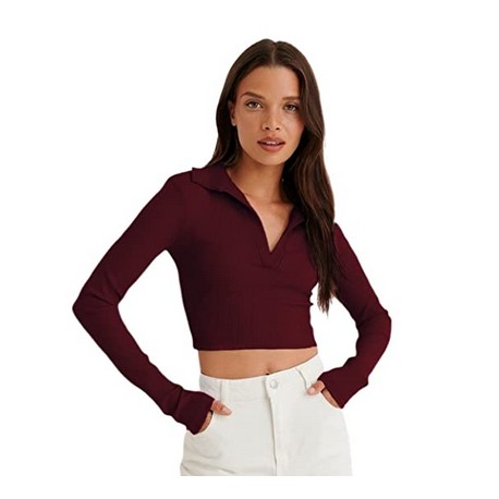 Ribbed Polo Collar Extended Sleeves Tops - RED