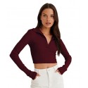 Ribbed Polo Collar Extended Sleeves Tops - MAROON