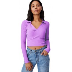 Ribbed Polo Collar Extended Sleeves Tops - LAVENDER