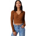 Ribbed Polo Collar Extended Sleeves Tops - COFFEE