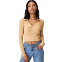 Ribbed Polo Collar Extended Sleeves Tops - BEIGE