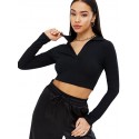 Ribbed Polo Collar Extended Sleeves Tops -BLACK