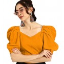 Women's Crop V Neck Half Sleeve Polyester Solid Top -  YELLOW RED
