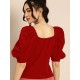 Women's Crop V Neck Half Sleeve Polyester Solid Top - RED