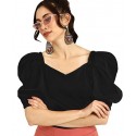 Women's Crop V Neck Half Sleeve Polyester Solid Top - BLACK RED