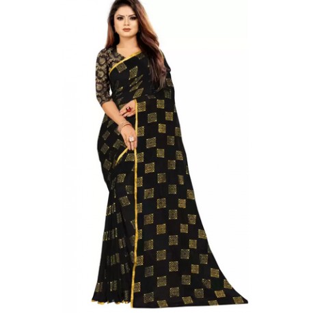 Printed Daily Wear Chiffon Saree  (Black)