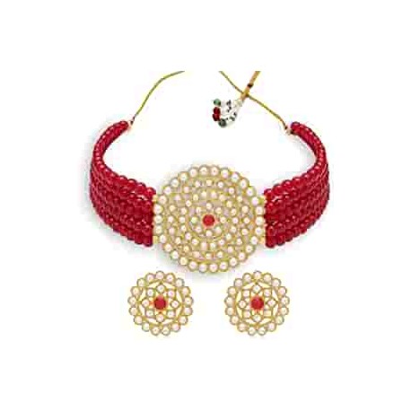 Gold Plated Pearl Choker Necklace Set - Red